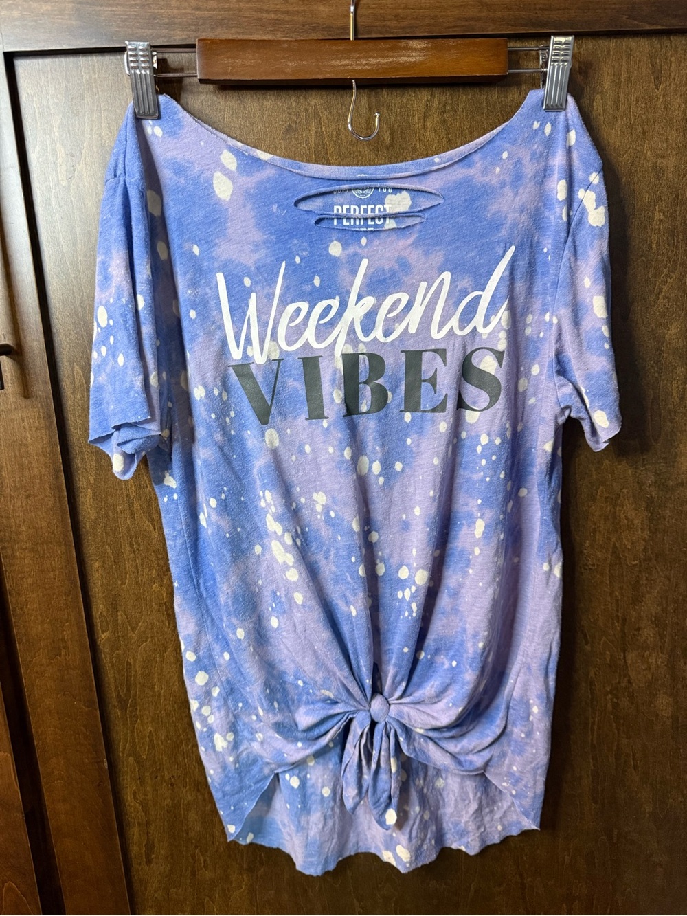 SO Lavender Weekend Vibes Tie-Front Tee with White Splatter